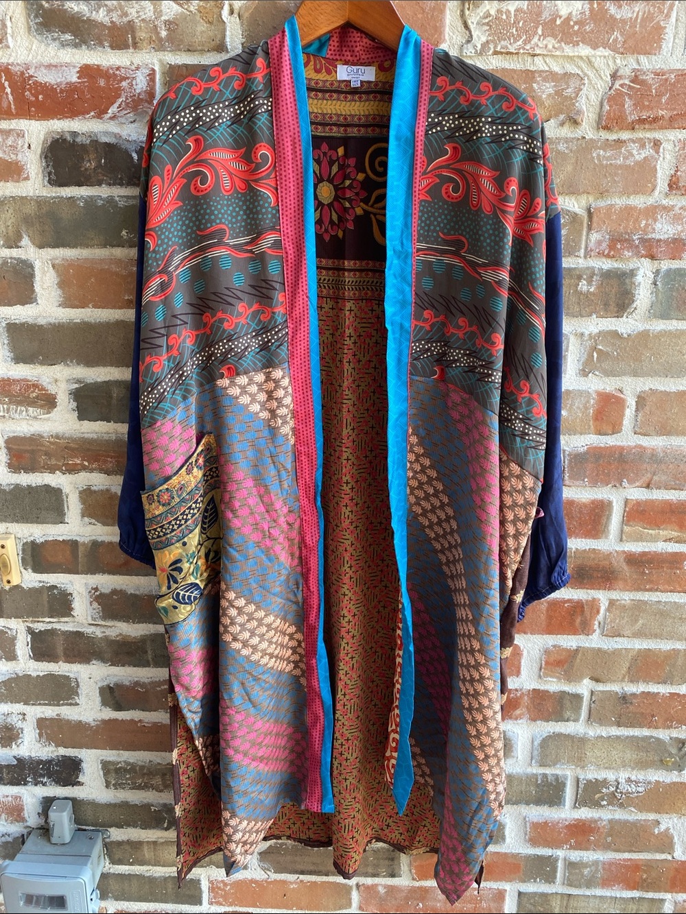 100% Silk Upcycled Sari Boho Printed Open-Front Kimono Belted Robe Multi Color
